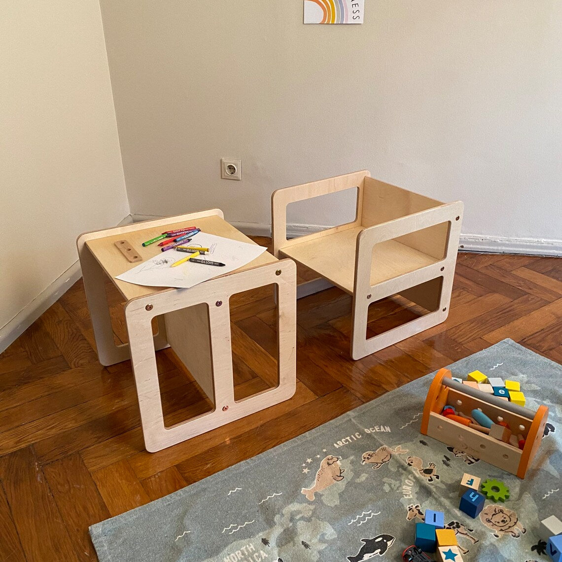 Montessori Cube Chair Set, Cube Chair and Table Set, Montessori Cube Table, Montessori Furniture, Kids Play Table Set - AKACIS STORE