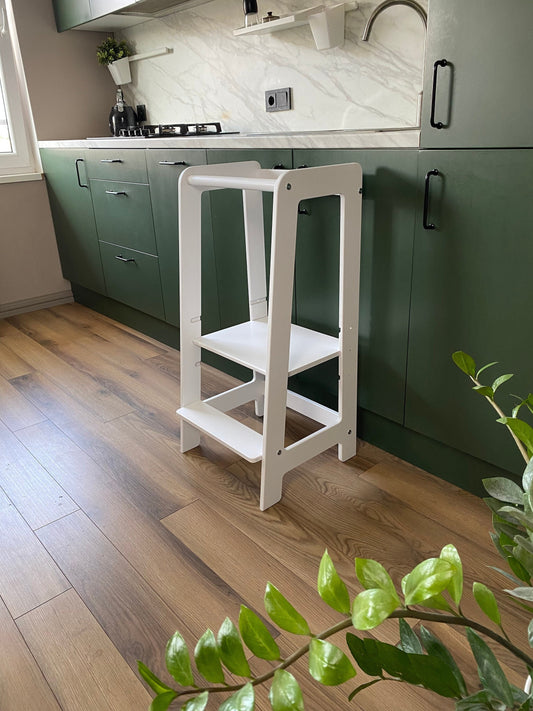 White Adjustable Stool, Activity tower, Kitchen Step Stool, Kitchen Helper, Toddler Kitchen Chair, Toddler Chair, Kitchen Stool - AKACIS STORE
