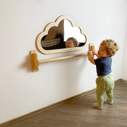 Montessori Mirror with Pull up Wooden bar, Gift For Kids Baby, Montessori Pull up Bar, Montessori Bar, Baby Floor Mirror, Baby Sensory Bar - AKACIS STORE